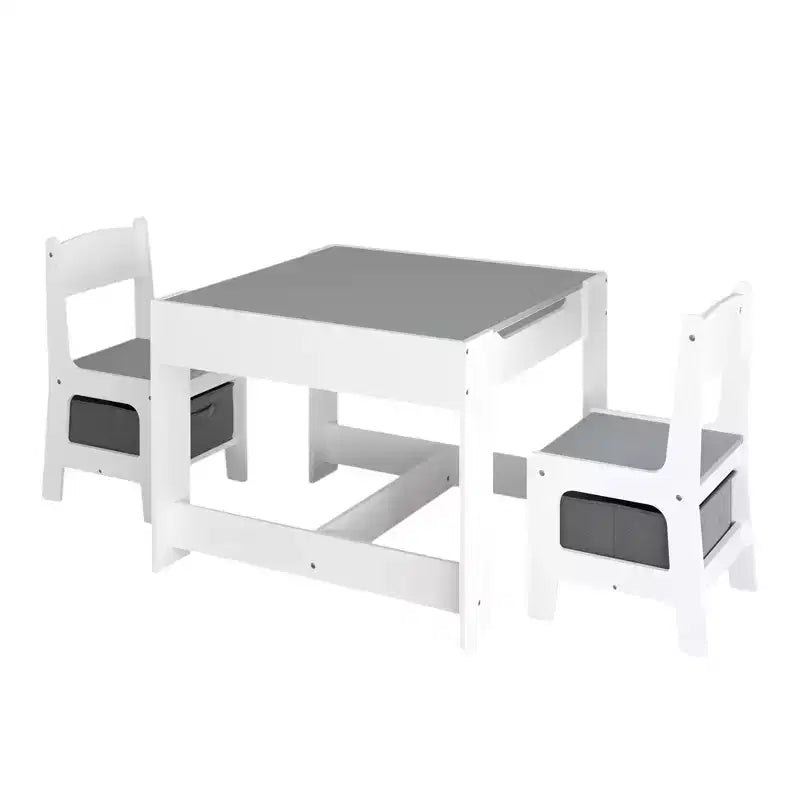 Set Tavolo per Bambini 3 Pezzi con Tavolo a Doppia Faccia e 2 Sedie Contenitore, Set Tavolo e Sedie in Legno per Bambini, Set Tavolo da Gioco per Attività per Bambini, Bianco+Grigio -