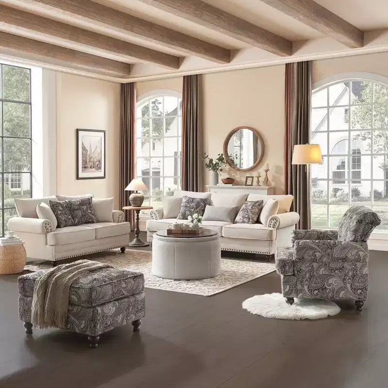 Set soggiorno a 3 pezzi, divano e divanetto in ciniglia modern farmhouse con borchie, poltrona floreale.