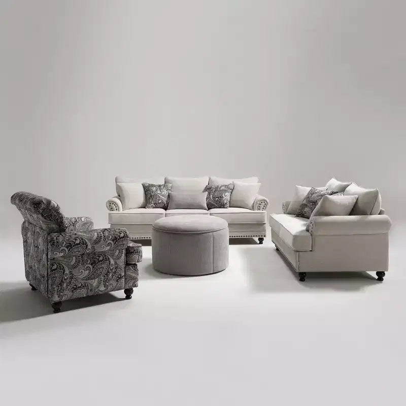 Set soggiorno a 3 pezzi, divano e divanetto in ciniglia modern farmhouse con borchie, poltrona floreale.