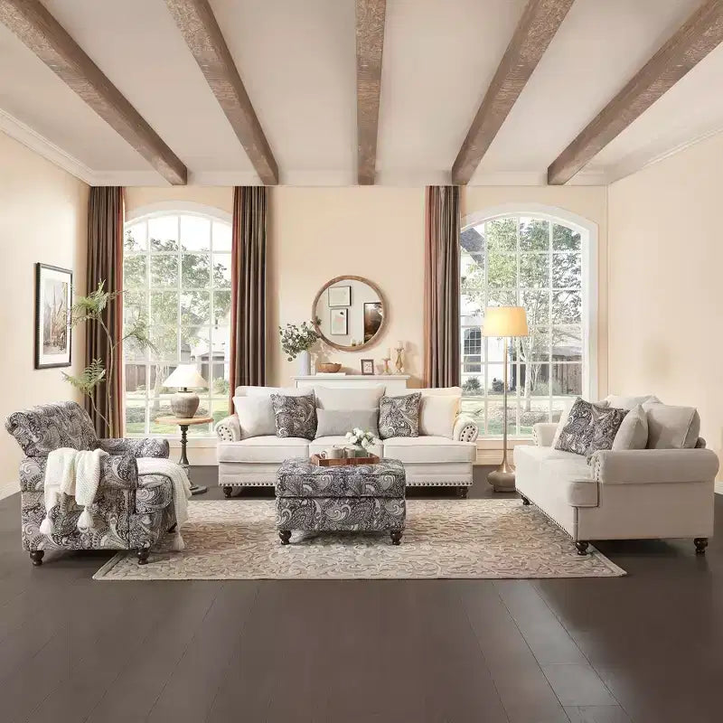 Set soggiorno a 3 pezzi, divano e divanetto in ciniglia modern farmhouse con borchie, poltrona floreale.