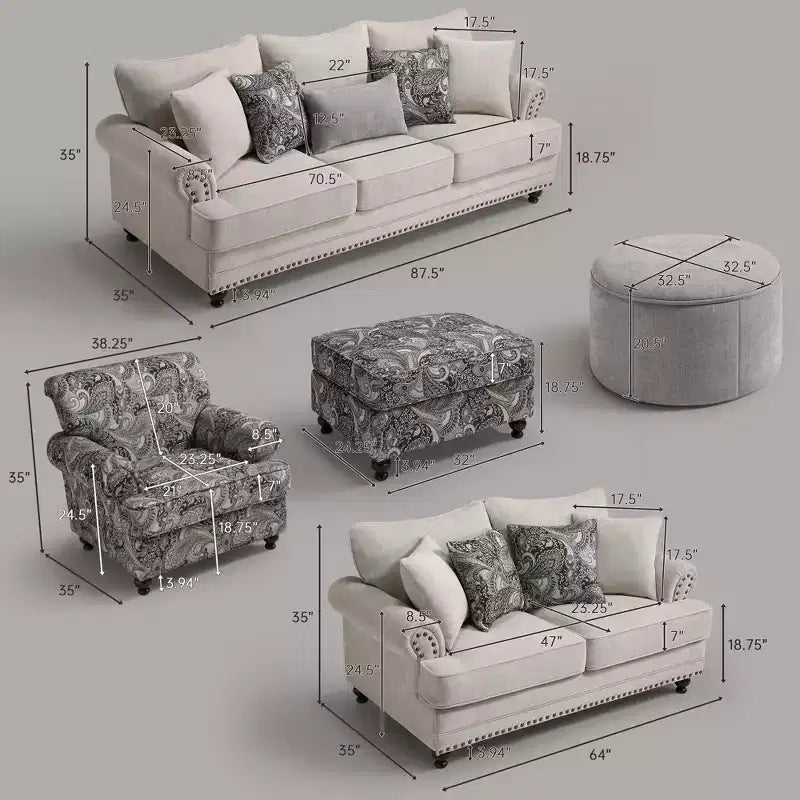 Set soggiorno a 3 pezzi, divano e divanetto in ciniglia modern farmhouse con borchie, poltrona floreale.