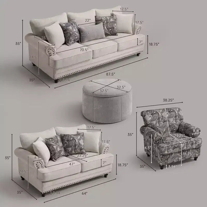 Set soggiorno a 3 pezzi, divano e divanetto in ciniglia modern farmhouse con borchie, poltrona floreale.