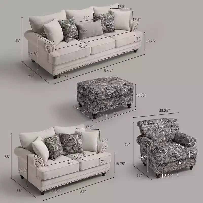 Set soggiorno a 3 pezzi, divano e divanetto in ciniglia modern farmhouse con borchie, poltrona floreale.