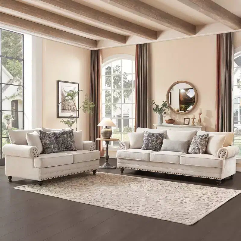 Set soggiorno a 3 pezzi, divano e divanetto in ciniglia modern farmhouse con borchie, poltrona floreale.
