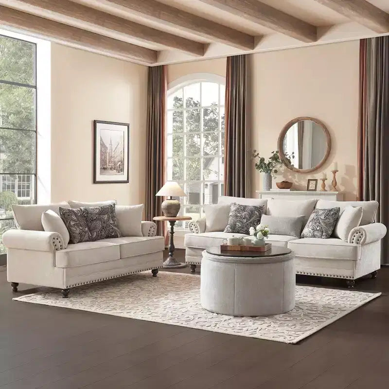 Set soggiorno a 3 pezzi, divano e divanetto in ciniglia modern farmhouse con borchie, poltrona floreale.