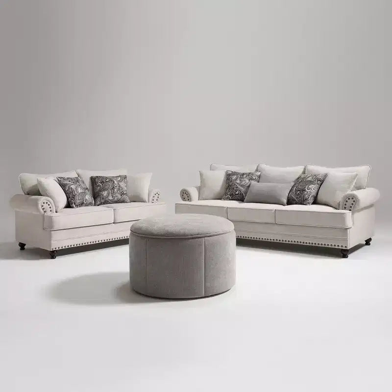 Set soggiorno a 3 pezzi, divano e divanetto in ciniglia modern farmhouse con borchie, poltrona floreale.