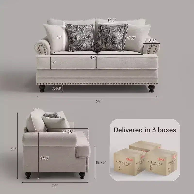 Set soggiorno a 3 pezzi, divano e divanetto in ciniglia modern farmhouse con borchie, poltrona floreale.