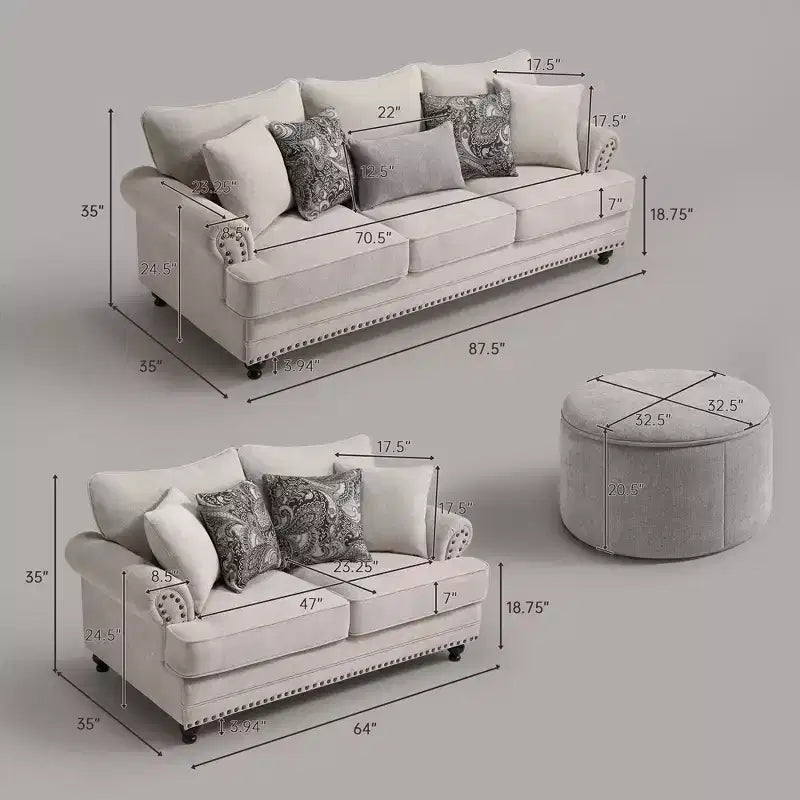 Set soggiorno a 3 pezzi, divano e divanetto in ciniglia modern farmhouse con borchie, poltrona floreale.