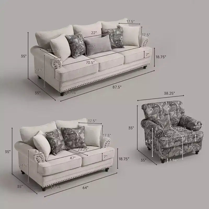 Set soggiorno a 3 pezzi, divano e divanetto in ciniglia modern farmhouse con borchie, poltrona floreale.