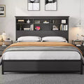 Platform Bed Frame with 2-Tier Bookcase Headboard & Charging Station, Heavy Duty Metal Slats, 9.6 Underbed Storage, No Box Spring Needed