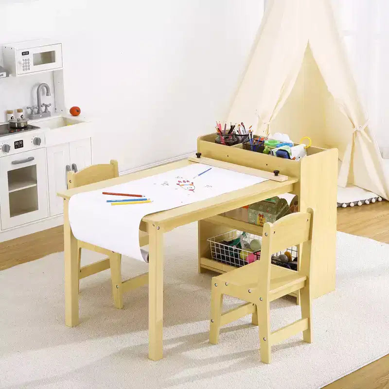 Kids Wooden Art Table & 2 Chairs Set with Storage, Paper Roller, Erasable Desktop  Activity Desk for Drawing, Playroom, Nursery