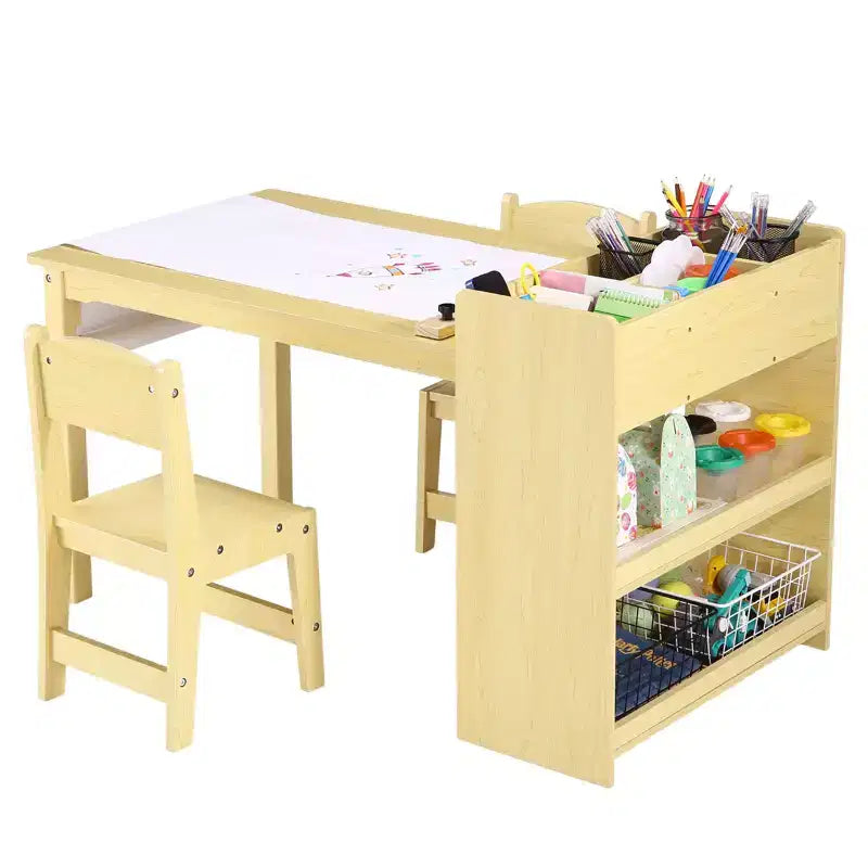 Tavolo da disegno in legno per bambini con 2 sedie e spazio portaoggetti, porta rotolo di carta, piano di lavoro cancellabile. Scrivania per attività di disegno, sala giochi, cameretta dei bambini