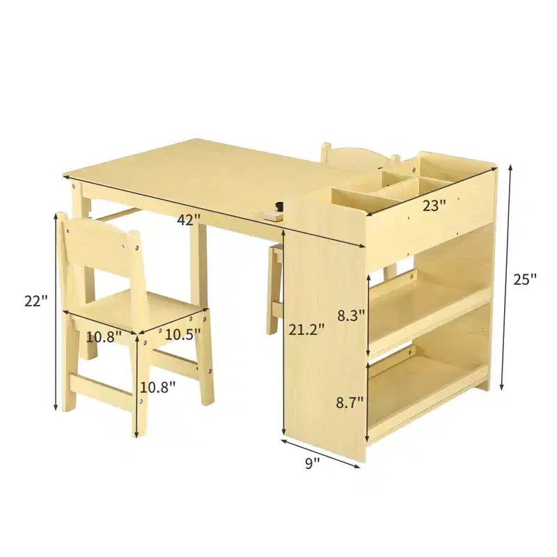 Tavolo da disegno in legno per bambini con 2 sedie e spazio portaoggetti, porta rotolo di carta, piano di lavoro cancellabile. Scrivania per attività di disegno, sala giochi, cameretta dei bambini