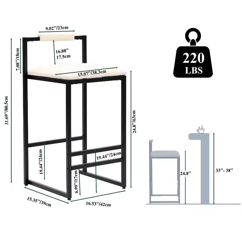 2 Sgabelli da bar da 24,8" (63 cm), sedie da bar moderne industriali con schienale e poggiapiedi, sgabelli da isola da cucina con seduta imbottita, beige