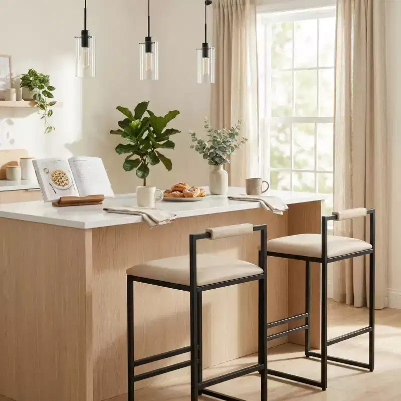 2 Sgabelli da bar da 24,8" (63 cm), sedie da bar moderne industriali con schienale e poggiapiedi, sgabelli da isola da cucina con seduta imbottita, beige