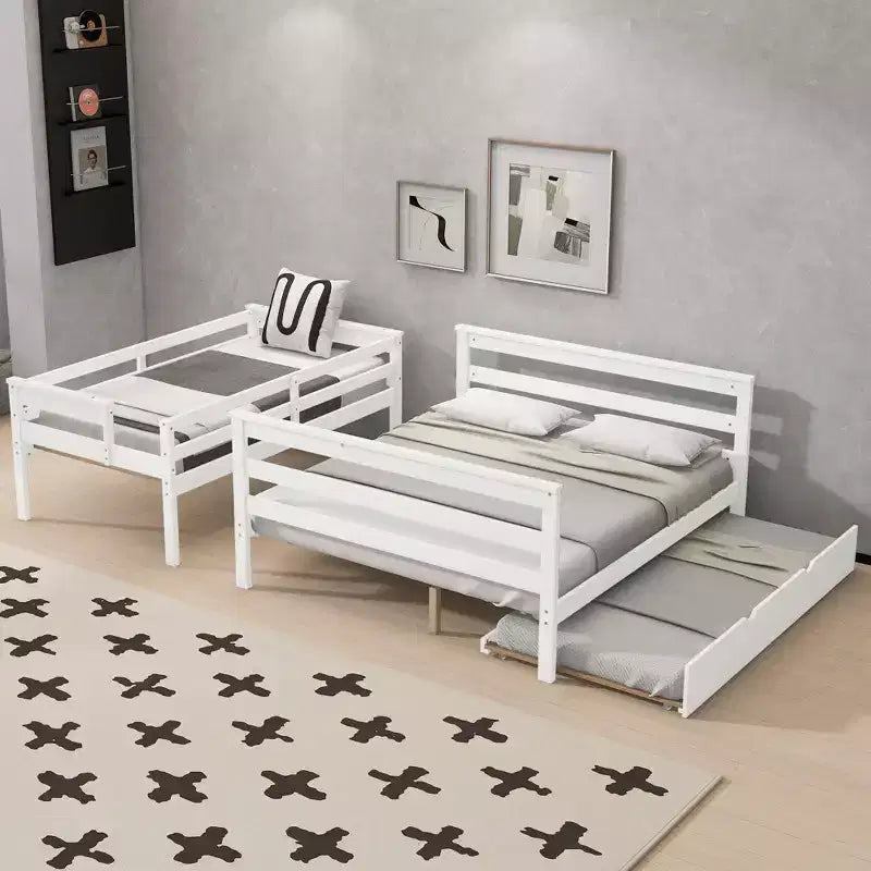 Letto a Castello Gemello XL sopra Matrimoniale con Letto Estraibile, Struttura Convertibile in Legno Massello con Scala e Sponde di Sicurezza