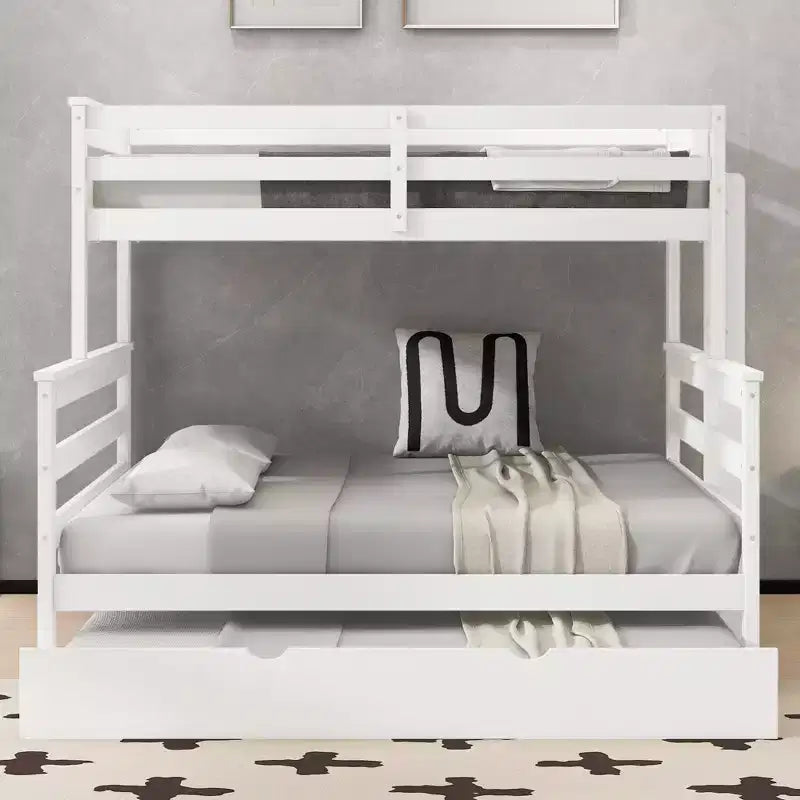 Letto a Castello Gemello XL sopra Matrimoniale con Letto Estraibile, Struttura Convertibile in Legno Massello con Scala e Sponde di Sicurezza