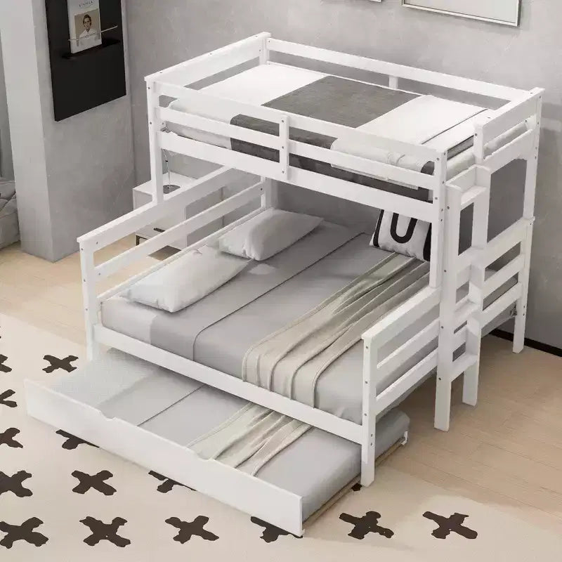 Letto a Castello Gemello XL sopra Matrimoniale con Letto Estraibile, Struttura Convertibile in Legno Massello con Scala e Sponde di Sicurezza