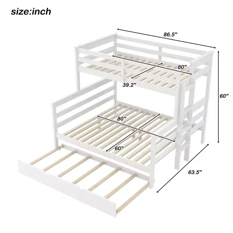 Letto a Castello Gemello XL sopra Matrimoniale con Letto Estraibile, Struttura Convertibile in Legno Massello con Scala e Sponde di Sicurezza