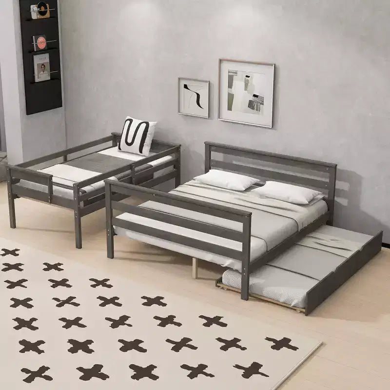 Letto a Castello Gemello XL sopra Matrimoniale con Letto Estraibile, Struttura Convertibile in Legno Massello con Scala e Sponde di Sicurezza