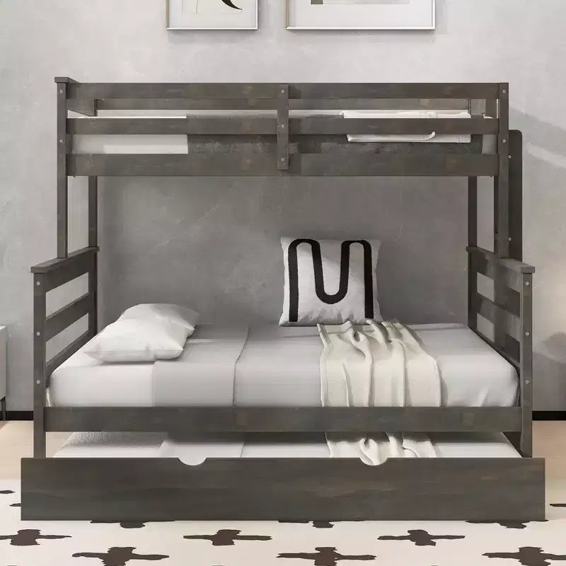 Letto a Castello Gemello XL sopra Matrimoniale con Letto Estraibile, Struttura Convertibile in Legno Massello con Scala e Sponde di Sicurezza
