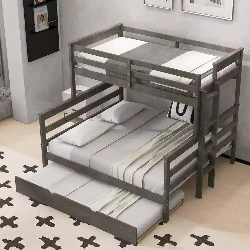 Letto a Castello Gemello XL sopra Matrimoniale con Letto Estraibile, Struttura Convertibile in Legno Massello con Scala e Sponde di Sicurezza