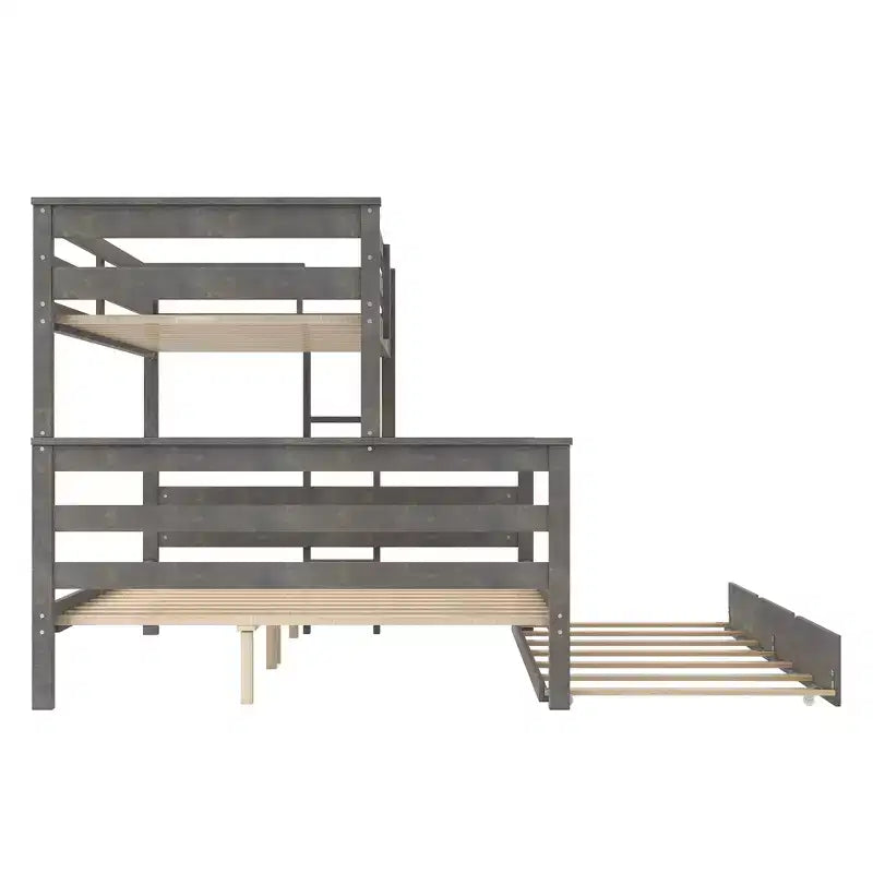 Letto a Castello Gemello XL sopra Matrimoniale con Letto Estraibile, Struttura Convertibile in Legno Massello con Scala e Sponde di Sicurezza