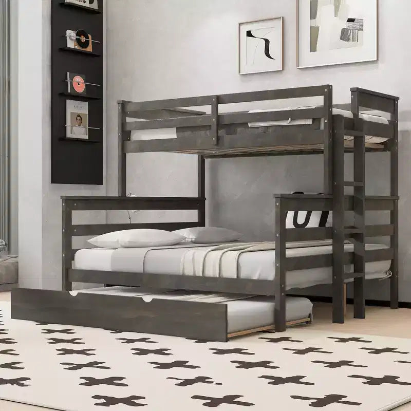 ModernLuxe Twin XL over Queen Bunk Bed with Trundle, Solid Wood Convertible Bed Frame with Ladder & Safety Guardrails