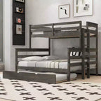 ModernLuxe Twin XL over Queen Bunk Bed with Trundle, Solid Wood Convertible Bed Frame with Ladder & Safety Guardrails