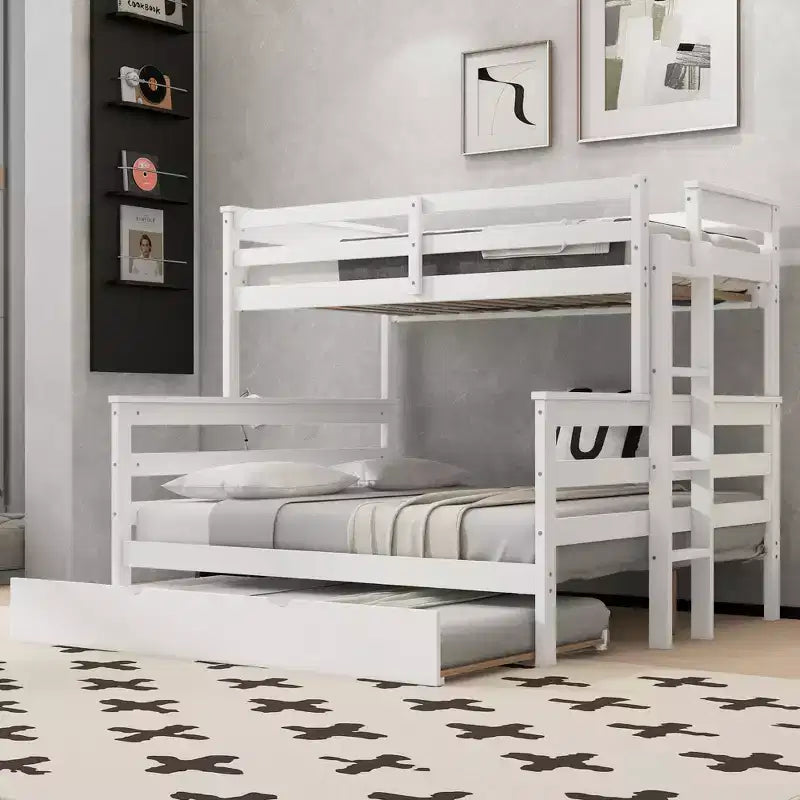 Letto a Castello Gemello XL sopra Matrimoniale con Letto Estraibile, Struttura Convertibile in Legno Massello con Scala e Sponde di Sicurezza