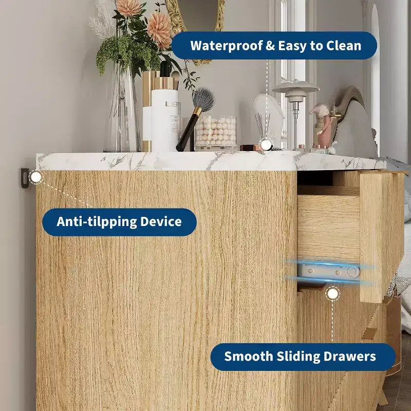 Cassettiera scanalata a 8 cassetti, comò moderno in legno, design con profilo curvo, per camera da letto, soggiorno