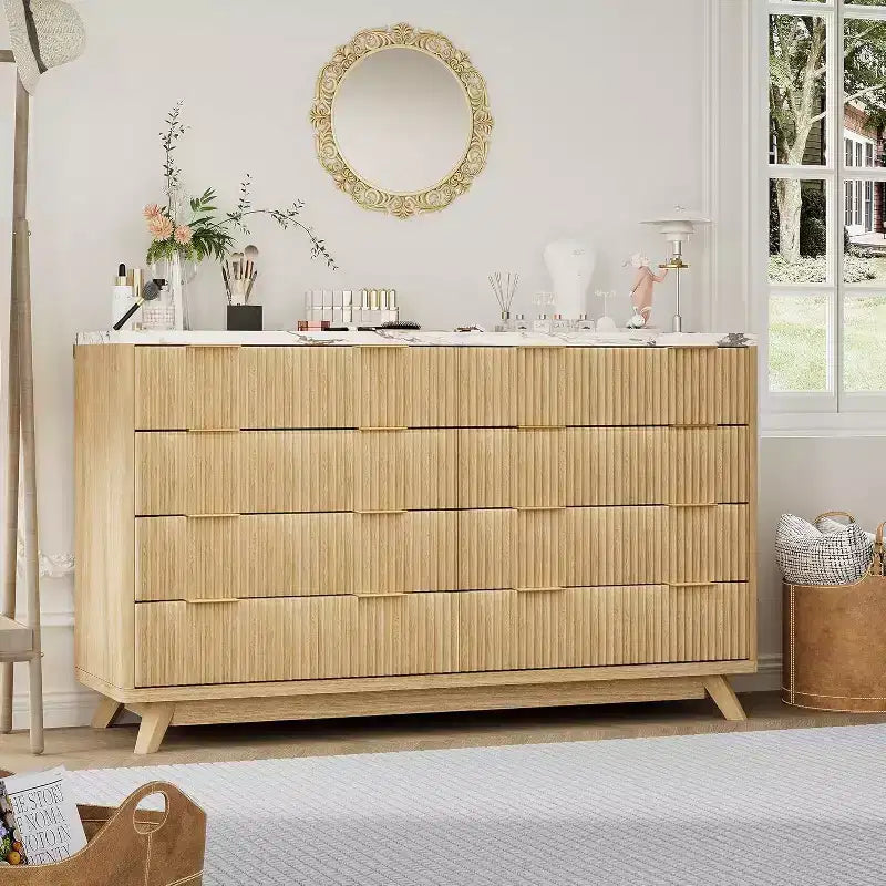 Fluted 8 Drawers Dresser, Modern Wood Chest, Curved Profile Design, for Bedroom, Living Room
