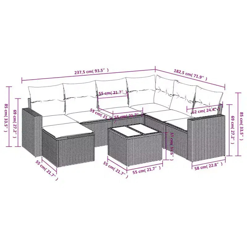 Set Divano da Patio 8 Pezzi con Cuscini in Polyrattan Nero