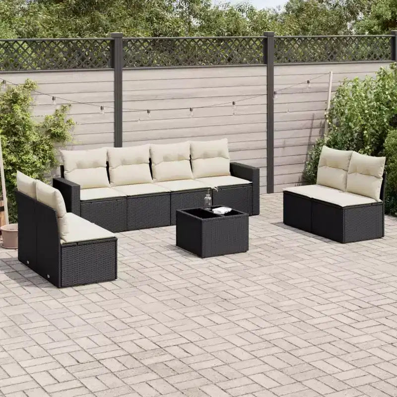 Set divani da giardino in polyrattan nero da 9 pezzi con fodere rimovibili