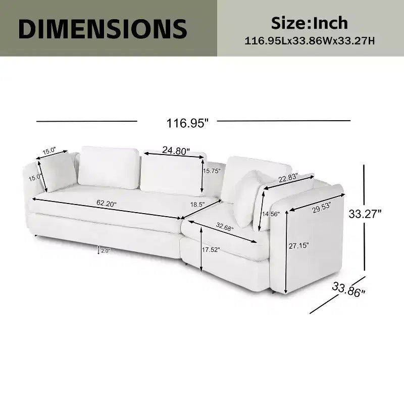 Divano modulare curvo Landon Modern 116.5 a 3 posti imbottito con cuscini mobili e 2 cuscini decorativi