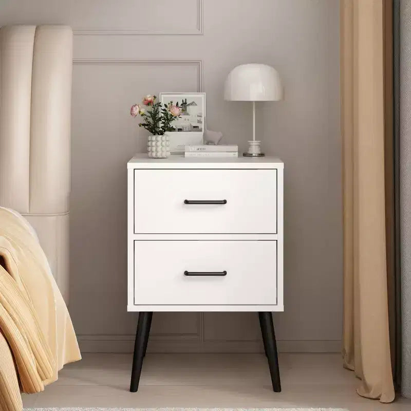 Comodino a 2 cassetti con gambe e maniglie in metallo, comodino moderno bianco, tavolino piccolo per camera da letto, soggiorno o appartamento
