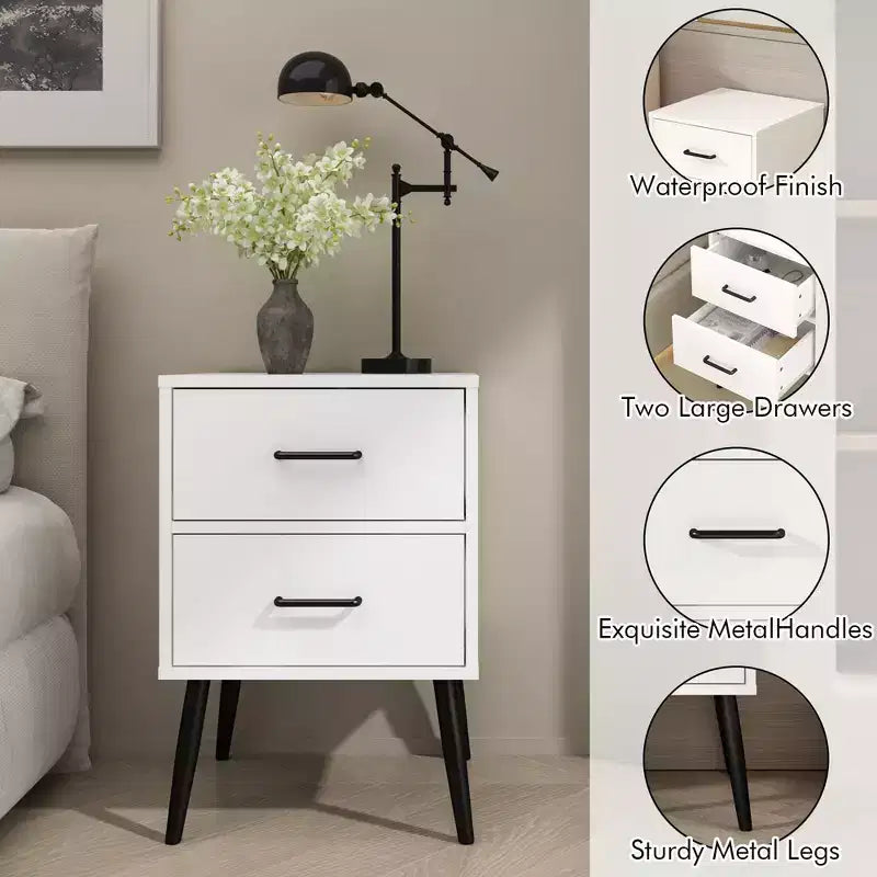 Comodino a 2 cassetti con gambe e maniglie in metallo, comodino moderno bianco, tavolino piccolo per camera da letto, soggiorno o appartamento