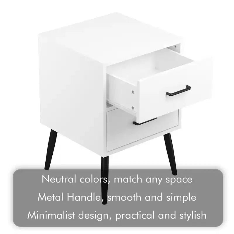 Comodino a 2 cassetti con gambe e maniglie in metallo, comodino moderno bianco, tavolino piccolo per camera da letto, soggiorno o appartamento