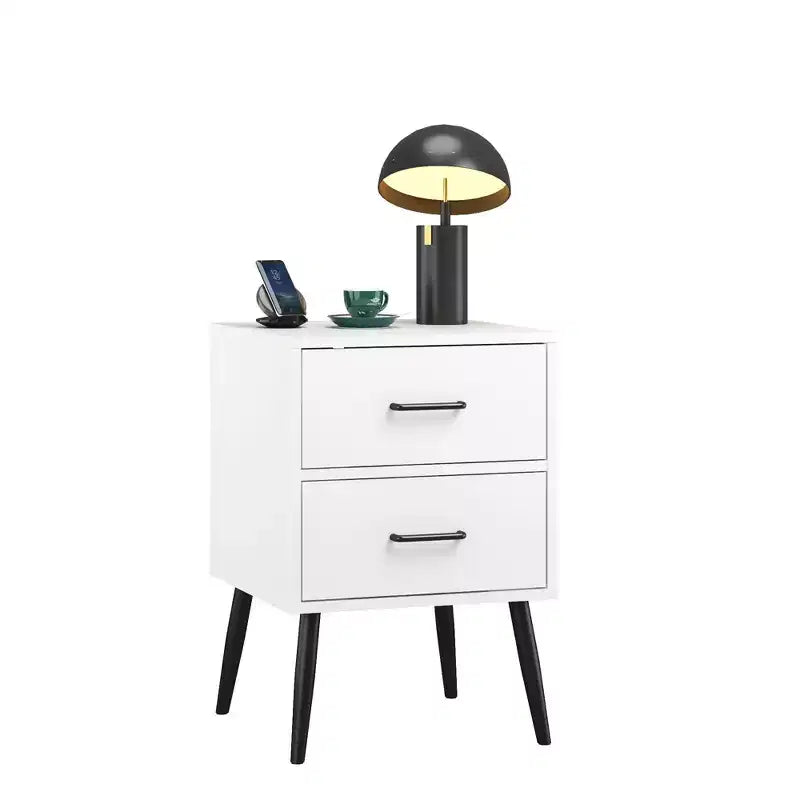 Comodino a 2 cassetti con gambe e maniglie in metallo, comodino moderno bianco, tavolino piccolo per camera da letto, soggiorno o appartamento