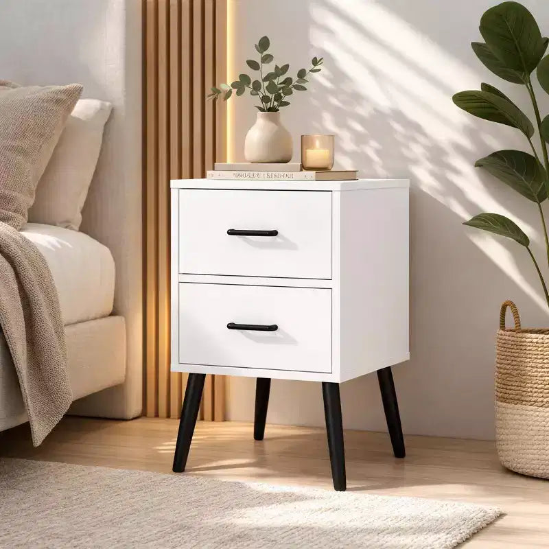 Comodino a 2 cassetti con gambe e maniglie in metallo, comodino moderno bianco, tavolino piccolo per camera da letto, soggiorno o appartamento