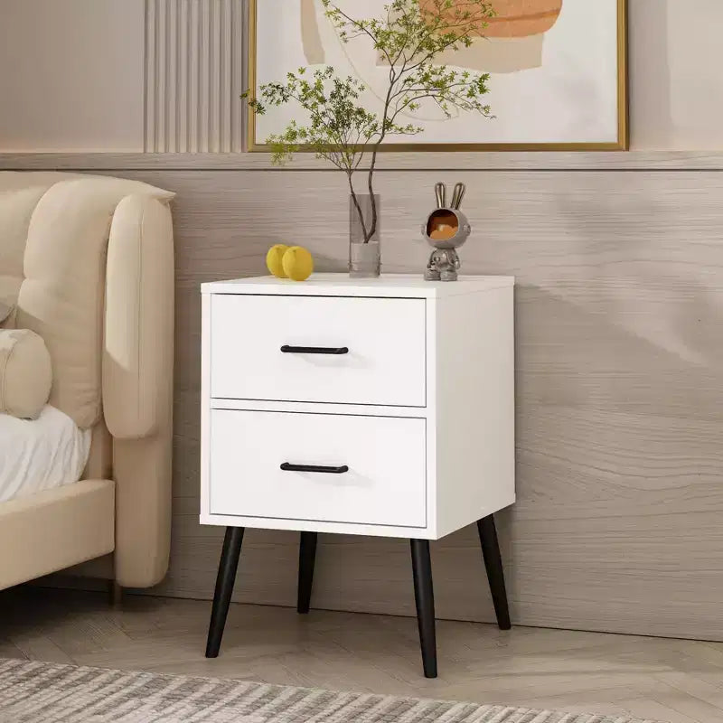 Comodino a 2 cassetti con gambe e maniglie in metallo, comodino moderno bianco, tavolino piccolo per camera da letto, soggiorno o appartamento
