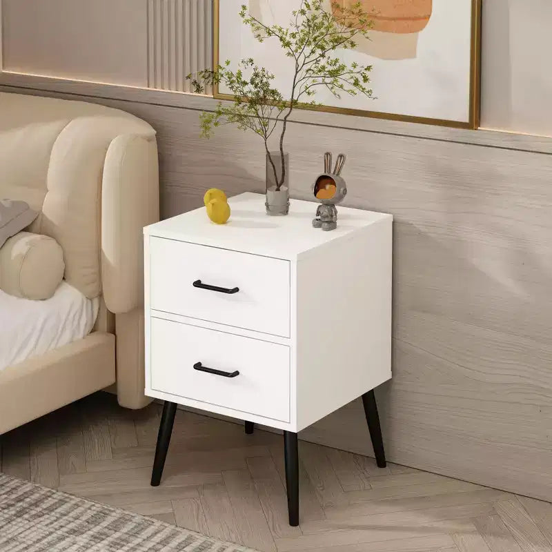 Comodino a 2 cassetti con gambe e maniglie in metallo, comodino moderno bianco, tavolino piccolo per camera da letto, soggiorno o appartamento