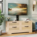 Mobile TV da fattoria in rattan con 4 cassetti e supporto (adatto a TV fino a 70 pollici), mobile multimediale in legno, console portaoggetti per soggiorno e camera da letto