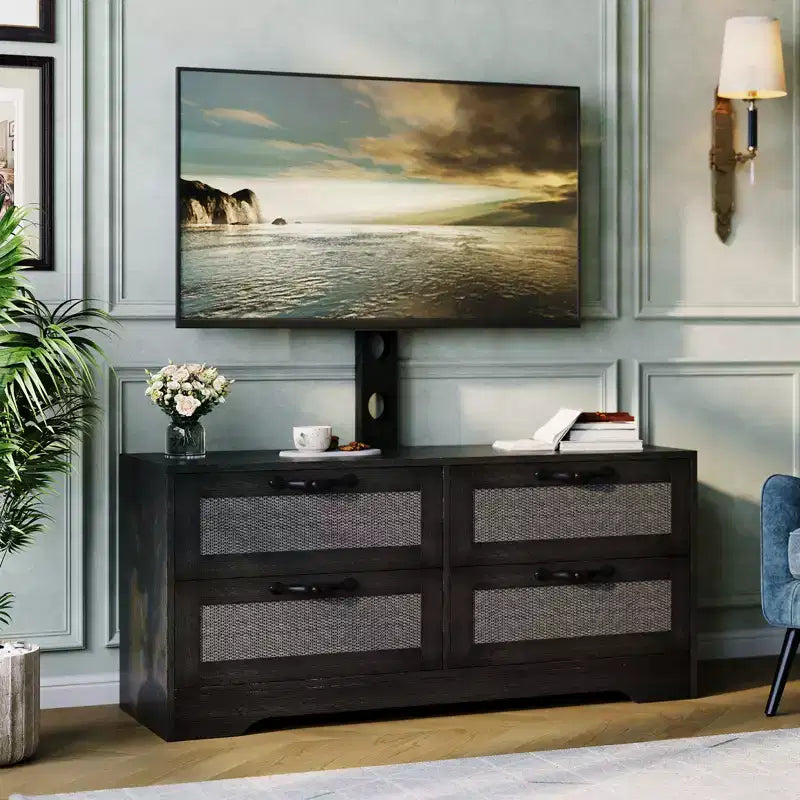 Mobile TV da fattoria in rattan con 4 cassetti e supporto (adatto a TV fino a 70 pollici), mobile multimediale in legno, console portaoggetti per soggiorno e camera da letto
