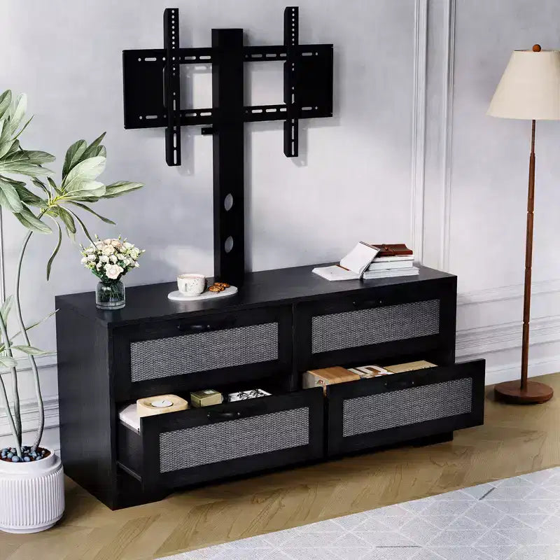 Mobile TV da fattoria in rattan con 4 cassetti e supporto (adatto a TV fino a 70 pollici), mobile multimediale in legno, console portaoggetti per soggiorno e camera da letto