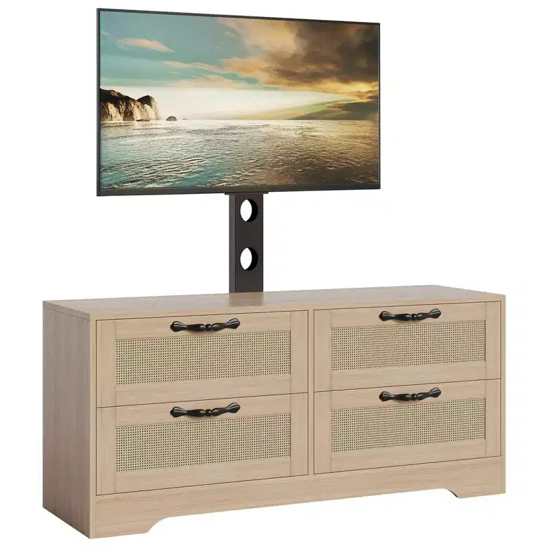 Mobile TV da fattoria in rattan con 4 cassetti e supporto (adatto a TV fino a 70 pollici), mobile multimediale in legno, console portaoggetti per soggiorno e camera da letto