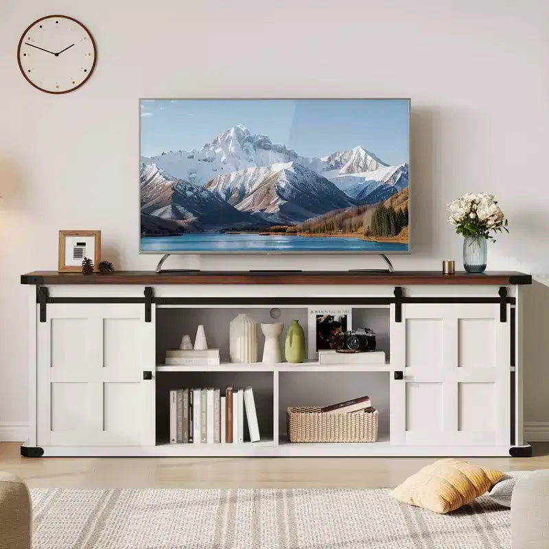 TV Stand for 75 in TVs, Farmhouse Entertainment Center with Sliding Barn Doors & Storage Cabinets, Modern TV Console Table for Living Room Bedroom