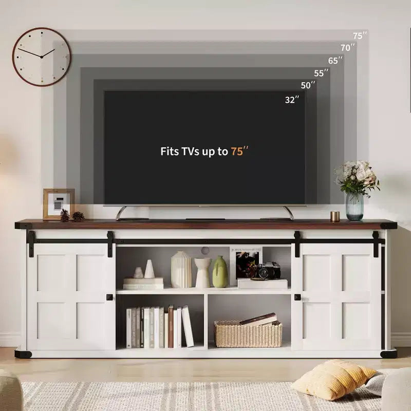 Mobile porta TV per televisori da 75 pollici, mobile TV in stile rustico con ante scorrevoli a fienile e armadietti, mobile consolle TV moderno per soggiorno e camera da letto