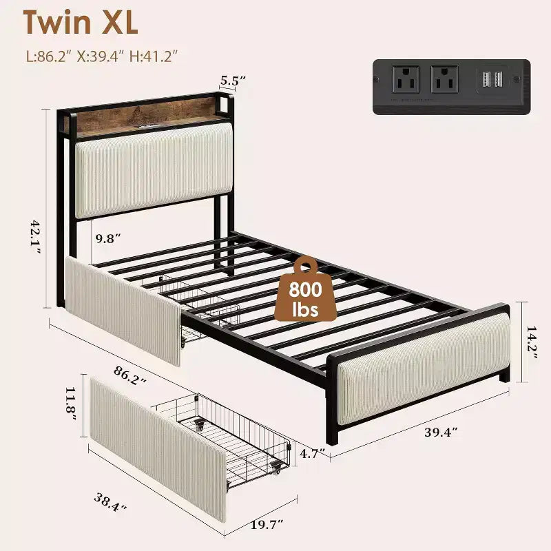COZONY Letto con Piattaforma con Cassetti Contenitore e Ricarica USB, Testiera Imbottita in Velluto a Coste Nero, Silenzioso, Nessuna Molla a Scatola Necessaria