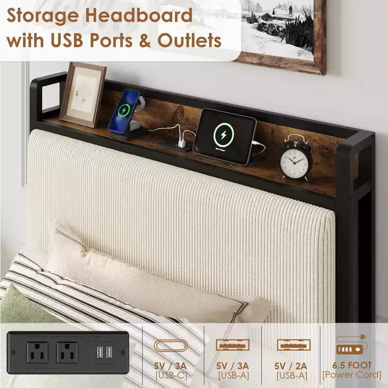 COZONY Letto con Piattaforma con Cassetti Contenitore e Ricarica USB, Testiera Imbottita in Velluto a Coste Nero, Silenzioso, Nessuna Molla a Scatola Necessaria